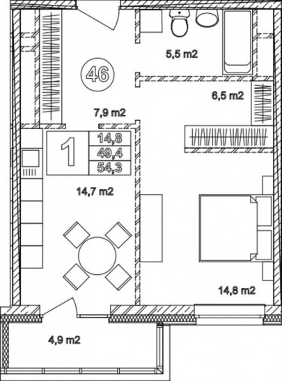 Однокомнатная квартира 54.3 м²