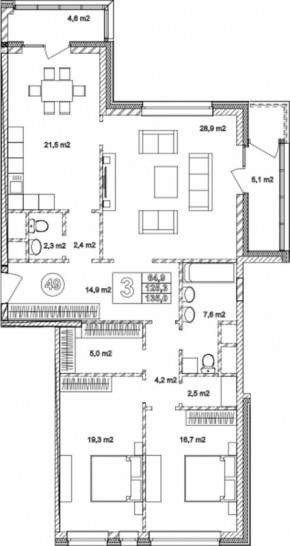 Трёхкомнатная квартира 135 м²