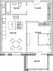Однокомнатная квартира 64.3 м²