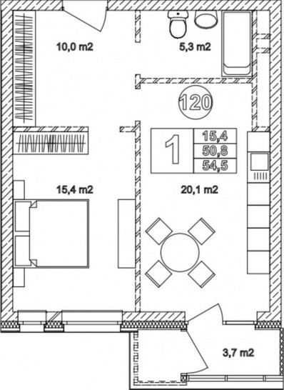 Однокомнатная квартира 54.5 м²
