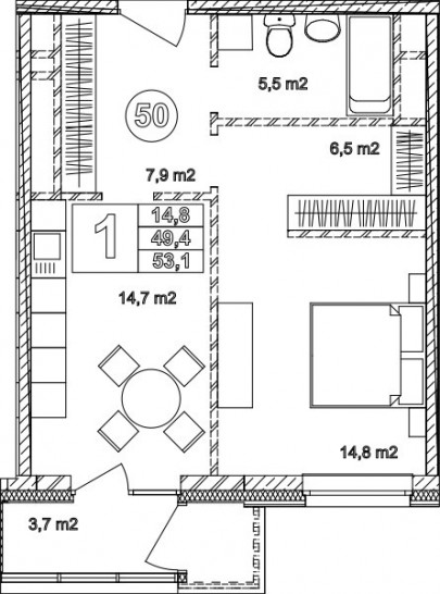 Однокомнатная квартира 53.1 м²