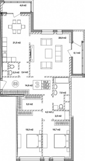 Трёхкомнатная квартира 135 м²