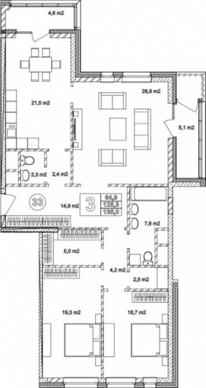 Трёхкомнатная квартира 135 м²